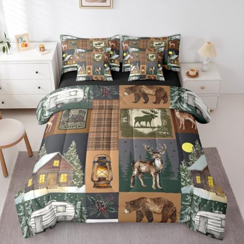 Erosebridal Hunting Bear 7 Piece Comforter Set Twin Rustic Farmhouse Bedding Sets for Kids Teens Cabin Decor Vintage Barn Woodland Animals Moose Sheet Set Retro Buffalo Plaid Camper Quilt Brown - color: Brown Green White, size: Twin