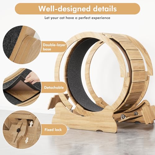 Mondeer 38'' Cat Wheel with Carpet Track and Teaser, Natural Wood | Cat Exercise Wheel, 38'' Treadmill with Carpeted Runway, Removable Carpet and Teaser, for Indoor Cats Running and Walking. - color: Natural Wood, size: 38