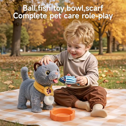 TUMAMA Walking Cat Set, Cat Toys for Kids Age 2 3 4 5+ Years | Wag Tail, Meows, Pretend Dress Up,Sing, Realistic Stuffed Cat