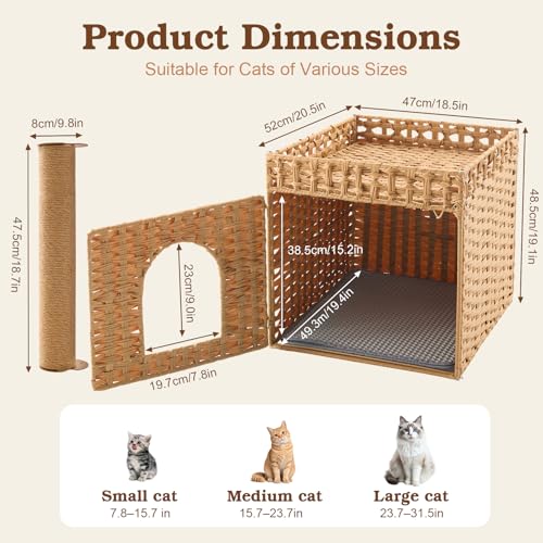 Stylish Cat Litter Box Enclosure with Scratching Post – Handwoven Rattan Cat House, Hidden Litter Mat & Fence, 20.5×18.5×19.1 in, Indoor & Outdoor Use