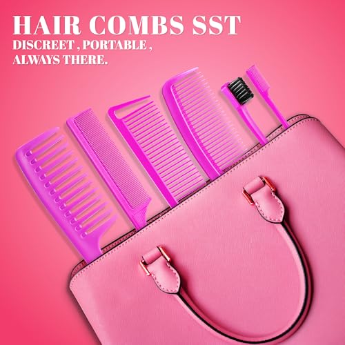 SALONSILK 6PCS Professional Comb Set, Edge Brush Wide Tooth Rat Tail Fine Tooth Hair Combs for Women&Men, Braiding Cutting Barber Styling Curly Parting Set for Curls, Natural Black Hair - color: Rose red-6PCS