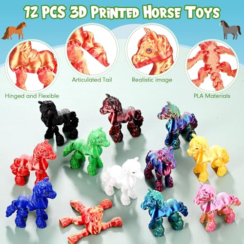 Honoson 12 Pcs 3D Printed Animals 5-7cm, Horse | Articulated Fidget Animals, Flexible 3D Printed Figures for Stress Relief, Cute Mini Joints for Party Favors and Display - size: 5-7cm, style: Horse