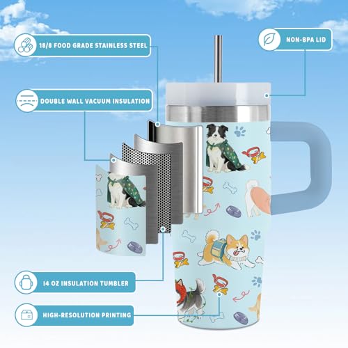 Dog 14 oz Tumbler, with Handle Straw, Stainless Steel Coffee Cup | 14oz Insulated Sports Water Bottle, Reusable Leak-proof Travel Mug, Thanksgiving Christmas Birthday Gifts for Son & Daughter - color: Dog-Blue