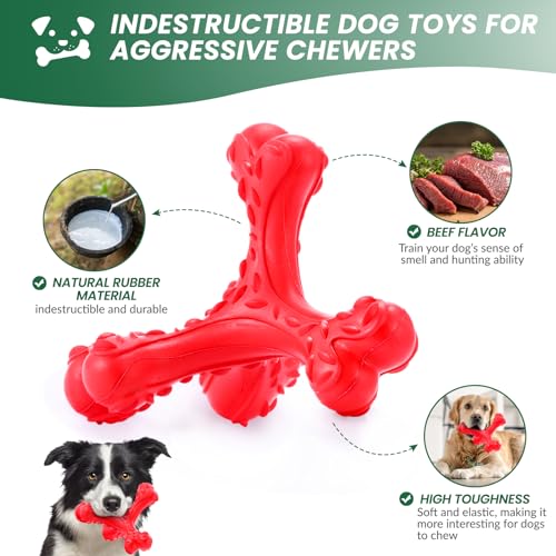 Dog Chew Toys for Aggressive Chewers Large Breed,Indestructible Bones Toy，Durable Cleaning Toothbrush Natural Rubber Dog Toys… (Red) - color: Red