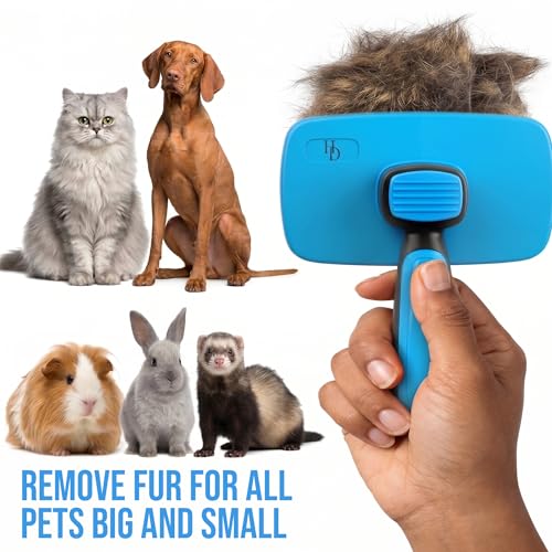 Pet Slicker Brush with Self-Cleaning Button – Deshedding & Grooming Tool for All Hair Types – Safe for Puppy, Kitten & Dogs, Cats, Blue, Hampton Distribution