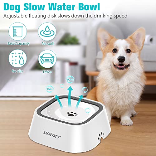 UPSKY 35oz No-Spill Pet Water Bowl, Slow Water Feeder for Dogs and Cats | Splash-Proof Bowls, Slow Drinking Pet Dish, Easy-Clean Dishwasher Safe, Portable For Travel - color: white