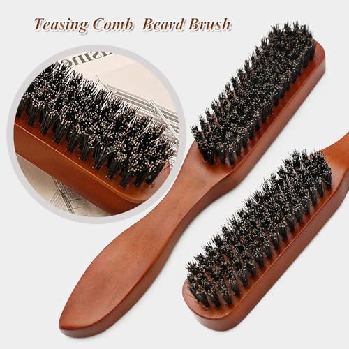 2 PCS Boar Bristle Hair Brush Set for Men Women Bristle Hair Brush for Slick Back Wet Hair and Beard Grooming Rat Tail Comb Teasing Comb Edge Beard Brush for Slicking Hairs (2PCS) - color: 2PCS