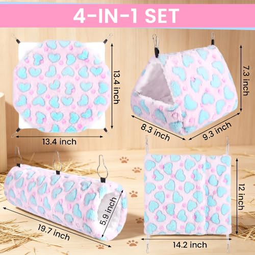 MCEAST 4 Pieces Small Pets Cage Accessories Hanging Hammock Sleeping Bag Tunnel and Bed Hideout Set Warm Sleep Nap Sack Bed for Hamster Ferret Squirrel Rabbit, Pink Hearts - style: Pink Hearts