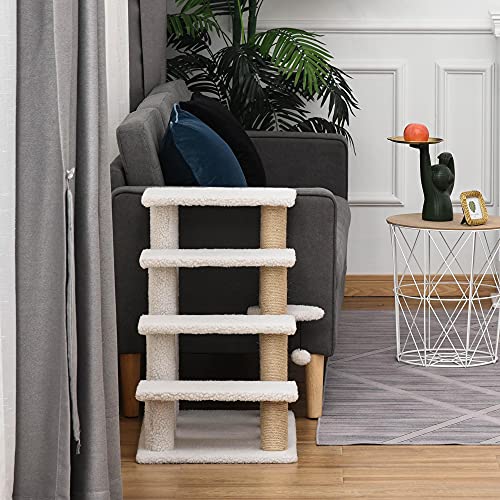 PawHut 4 Levels Cat Steps Pet Stairs Carpeted Ladder for High Bed White | Kitten Tree Climber, Scratching Posts, Hanging Play Ball, Side Step, for Sofa - color: White