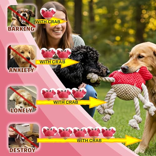 Plush Squeaky Crab Dog Toy with Rope Legs - 5.5''X9.5'' Durable Dog Chew Toy for Small Dogs | Built-in Whistle Sounds | Teeth Cleaning | Interactive Dog Toys （RED）