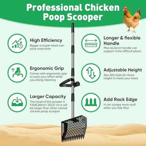 64.5 Inch Chicken Poop Scooper & Rake,for Chicken Pooper Small Farm Animal | with Adjustable Stainless Steel Handle, Ergonomic Grip, Cat Litter Scooper Sand Sifting Shovel