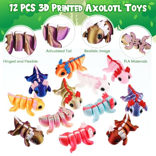 Honoson 12 Pcs 3D Printed Animals 5-7cm, Axolotl | Articulated Fidget Animals, Flexible 3D Printed Figures for Stress Relief, Cute Mini Joints for Party Favors and Display - size: 5-7cm, style: Axolotl