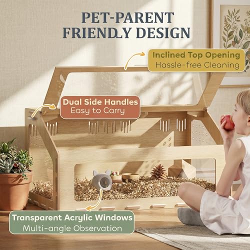 PawHut 39 Inch Hamster Cage Habitat with Acrylic Window, Openable Top, Oak | Small Animal Cage, for Dwarf Hamsters, Gerbils, Guinea Pigs, Rats, Air Vents