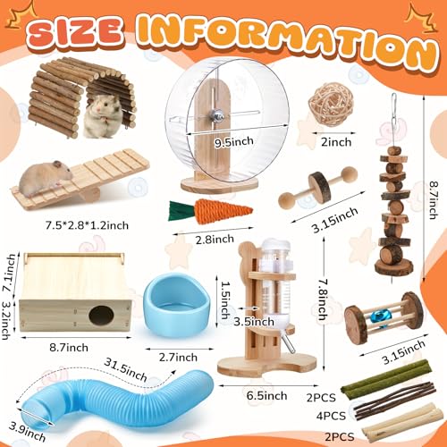 20 Pcs Hamster Toys Set, 16 Small Animal Chewing Toys, Maze Wood House, Silent Exercise Running Wheels and Water Bottle Set Feeding Bowl for Hamster Habitat Rat Cage Accessories (Blue) - color: Blue
