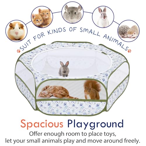 Pawaboo Small Animal Playpen with Zippered Cover, Blue + White Flower | Portable pop-up pet tent for supervised rabbits, guinea pigs, chicks and kittens; water-resistant bottom and 3 metal rods - color: Blue + White Flower