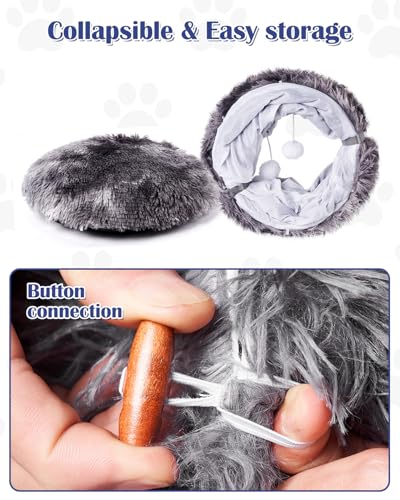 Cat Tunnel Bed with 20 Pcs Interactive Toys, 3-in-1 DIY Collapsible Plush Cat Tube with Washable Mat, Large Indoor Play Tunnel Cave for Kittens and Small Animals - color: Charcoal Gray