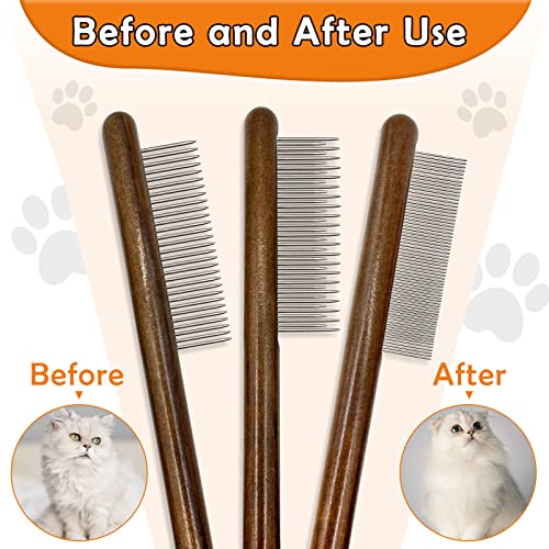 3 Pack Solid Wood Cat Combs, Stainless Steel Teeth for Cat Dog Rabbit Massage, Flea Lice Comb Removes Mats, Tangles and Loose Fur, Grooming Comb for Small Medium Pets