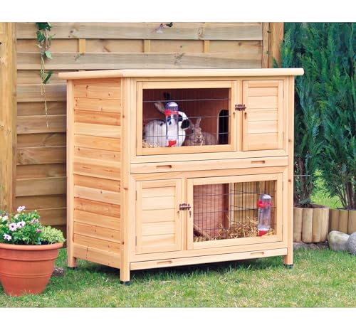 Trixie 2-Story Rabbit Hutch with Retreat Area, Non-Slip Ramp, Hinged Roof with Locking Arm, 4 Doors, 2 Metal Slide Latches, and Pull-Out Trays for Easy Cleaning - style: 2-Story