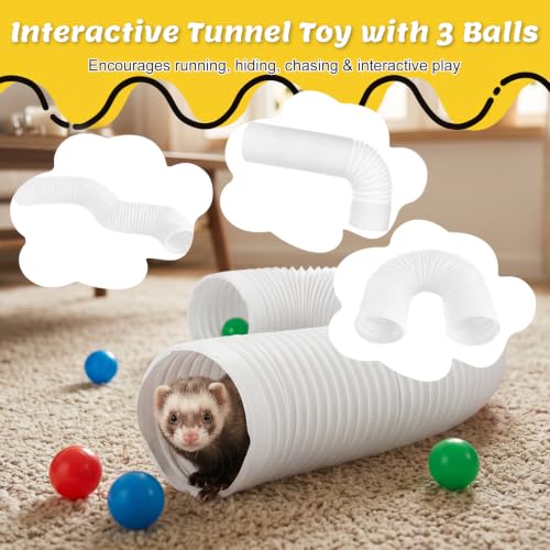 Ferret Tunnel Toy with 3 Balls, Collapsible Interactive Tube for Ferrets, Guinea Pigs, Hamsters & Small Pets, Lightweight Foldable Play Tunnel