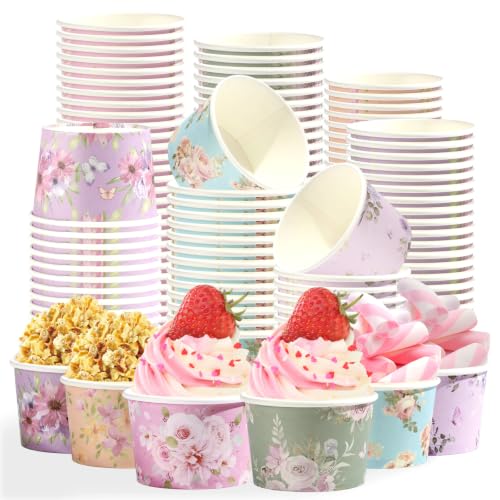 120Pcs 12oz Summer Ice Cream Cups for Hot or Cold Food | Vintage Flower Dessert Bowls Disposable Butterfly Large Snack Cups for Sundae Treat Floral Baby Shower Wedding Party Supplies - style: Retro Floral Ice Cream Cups
