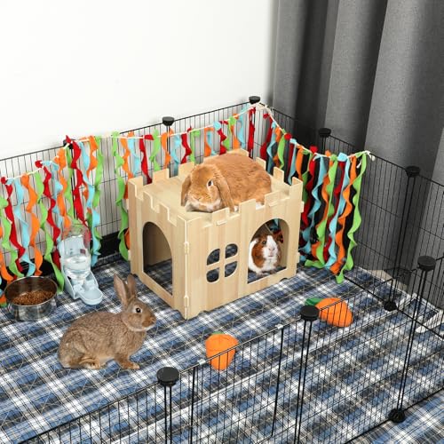 BWOGUE Large Wooden Bunny Hideout,Detachable Rabbit Castle for Small Animal | Wooden Rabbit Hideout, Wooden Rabbit Hideaway, Bunny Houses and Hideouts, Two Doors, 2-Story Play & Rest, Indoor Rabbit - style: 1 House