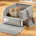 Stainless Steel Litter Box for Kitten,Metal Litter Box with Lid S | Cat Litter Box High Sides,Small Cats,Open Design,Indoor,1-Mat and 1-Scoop,Easy to Clean, No Odor,Anti-Urine Leakage - color: S-M-lid-10"H