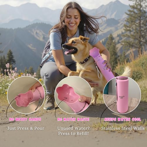 Stainless Steel Dog Travel Water Bottle, Vacuum Insulated Portable Dog Water Dispenser, Drink Cup and Snack Container On The Go, Outdoor Walking, Hiking, Travel (Pink, 22oz) - color: Pink