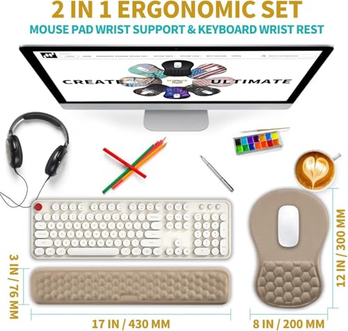 Hokafenle 2 in 1 Ergonomic Mouse Pad Wrist Support & Wrist Rest for Computer Keyboard Set, with Relieve Carpal Tunnel Pain Massage Bulge and Full Memory Gel Design (2In1 Set, Sand Color) - color: Hk011-sand Color