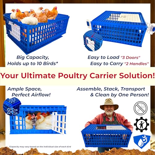 Poultry Carrier Crate 3 Doors with a Mess-Free Protective Pad, Durable Poultry Transport Cage for Chickens, Quail, Birds, Rabbits, Ducks
