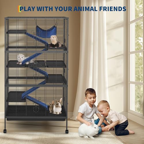50" Large Metal Ferret Cage, Small Animal Habitat with Lockable Doors, Ramps, Wheels, Storage Cabinet, Multi-Level Chinchilla Cage for Chinchillas, Ferrets, Guinea Pigs, Rats, Hammock(Black) - size: 50in