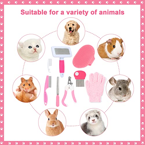 VCZONE Pink Small Animal Grooming Kit with Nail Clipper, Flea Comb, Shampoo Brush, Slicker Brush, Massage Glove for Rabbits - color: Pink