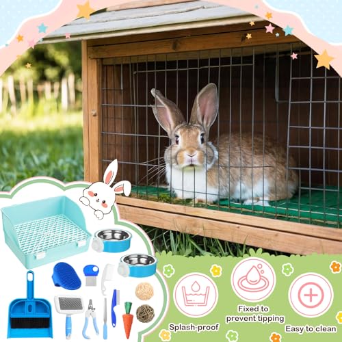 Reallnaive 15 Pcs Rabbit Starter Kit Small Rabbit Litter Box Girls Gift Animal Grooming Kit Bunny Toys Bowl Blankets with Cleaning Set for Guinea Pig Accessories(Sky Blue) - color: Sky Blue