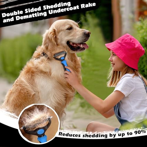Professional 3PCS Self Cleaning Slicker Brush & Pet Grooming Rake & Flea Comb for Dogs,Cats and Horses | Double-Sided Dematting Comb & Skin Friendly Deshedding Grooming Tool | Pet Supplies (Blue) - color: Blue