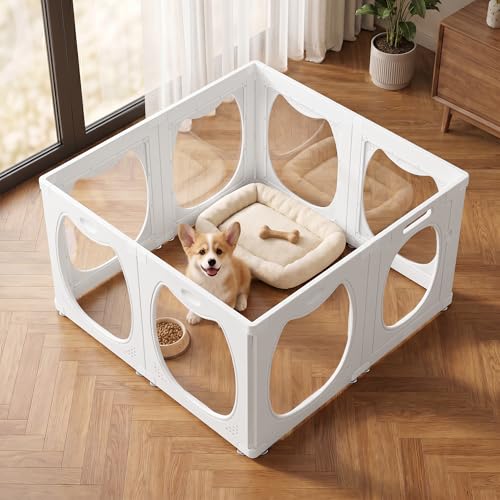 Clear PET Dog Playpen Indoor, 8-Panel Heavy-Duty Transparent Puppy Playpen, Modular Pet Fence Enclosure for Small Medium Dogs, Easy to Assemble (White, 24 Inch H, 8 Panels) - color: White