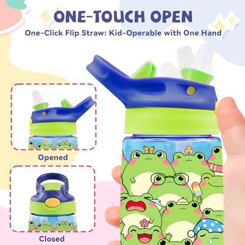 Kids Plastic Water Bottle - Frog Water Bottle for Kids, 14oz Plastic Water Bottles with Straw Lid, Leakproof BPA-Free Cute Frog Water Bottles for Home Sports Travel, Pop-Up Straw Cover, Blue - color: Frog