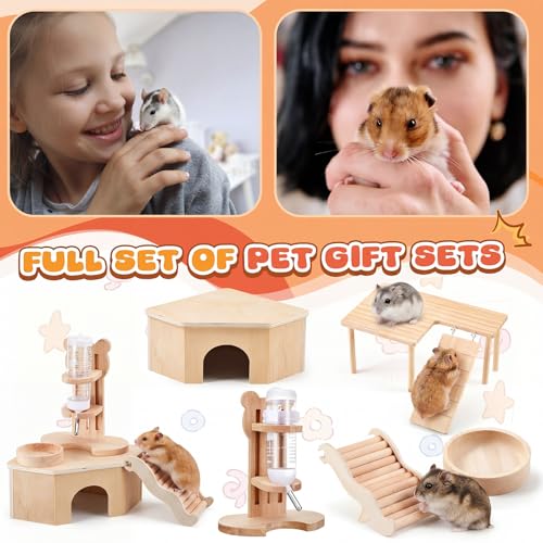 5 Pcs Hamster Cage Accessories, Wood Hamster Play Wooden Platform Water Bottle with Stand Climbing Set for Rat Mice Small Animals Pets Habitats Woodland Decor(Stair Landing) - style: Stair Landing