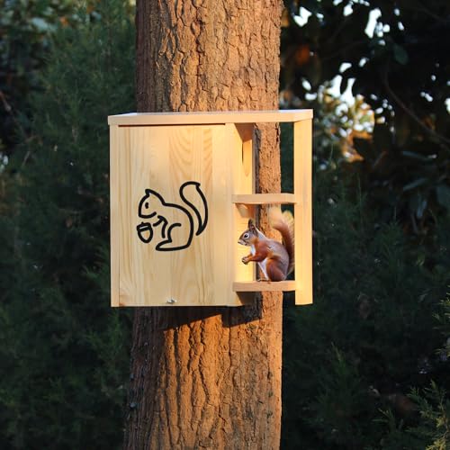 Widened Large Wooden Squirrel House Outdoor | External Platform & Porch, Squirrel Nesting Box, Squirrel Boxes for Outside, Chipmunk Houses, Easy Assembly - size: Large