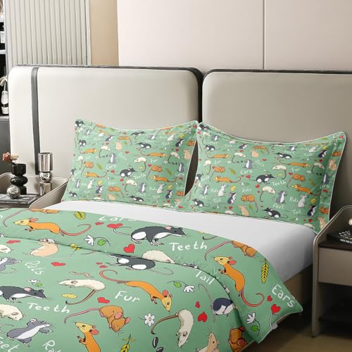 Erosebridal 100% Cotton Kids Rat Bedding Set, Mouse Rodents Duvet Cover King, Funny Animal Love Heart Comforter Cover for Boys Girls Children Bedroom, Cartoon Style Quilt Cover Decorative Room, Green - color: Multi 22, size: King (No Comforter)