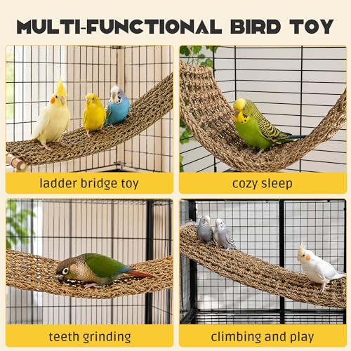 FlidRunest Extra-Large 21.6x7.8IN Conure Ladder Perch for Cage, Bird Seagrass Ladder Bridge Exercise Stands, Natural Hand-Woven Parrot Net Climbing Chewing Hammock, Cage Accessories for Conure Budgie - size: D(Extra-large Size)