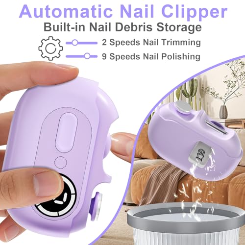 4 in 1 Electric Nail Clipper for Seniors, Automatic Nail Trimmer with Night Light & 9 Speeds Nail Polisher Fingernail Clippers for Women & Men Nail Grinder Files for Elderly - size: Violet