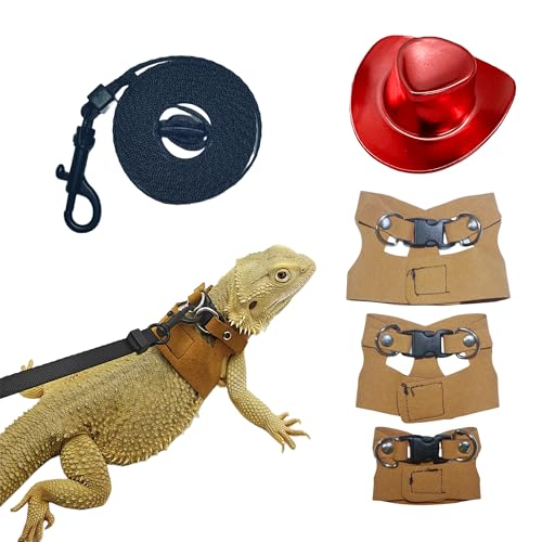Reptile Pets Leash Harness Set with Jackets and a Party Theme Hat for Bearded Dragon Lizard, Leopard Gecko and Other Small Animal Pets, Outdoor Play, Red - color: Laser Red