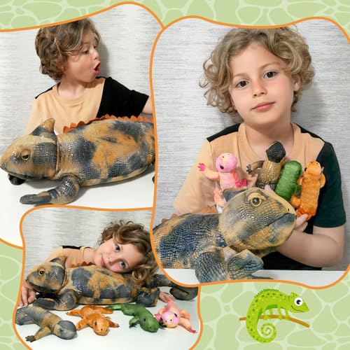 Lizard Stuffed Animal with 4 Babies, 27“ Gray Chameleon Plush Toy | Soft Reptile Plushies; Zipper Belly Storage; Hide-and-Seek Pretend Play; Birthday and Christmas Gift for Kids - style: Lizard Gray