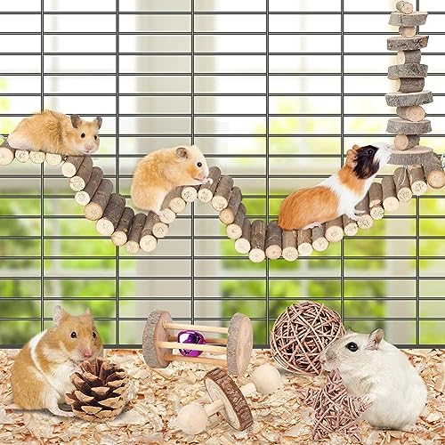 Hamster Accessories - Guinea Pig & Chinchilla Chew Toys - Suspension Bridge Set - Willow Ball & Stuff for Dwarf Syrian Chinchillas & Gerbils