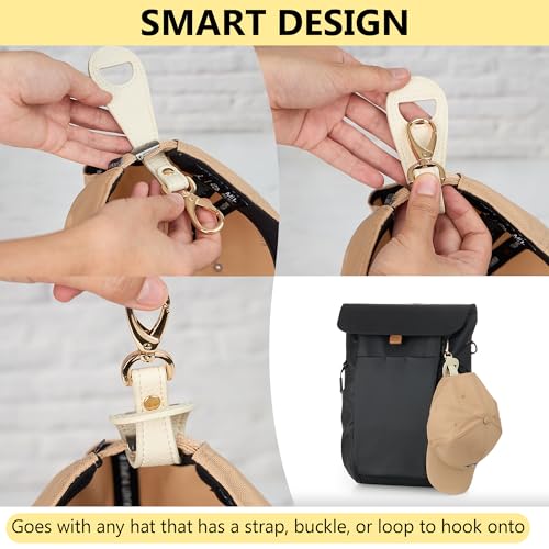 Hat Clip for Travel, Cap Holder Strap for Bags | Faux leather tab, zinc alloy clasp, fits baseball snapback and ponytail caps, mouse ear holder, hands free travel - color: Ivory