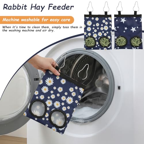 2Pcs Guinea Pig Hay Feeder, Hanging Rabbit Hay Feeder Durable Washable 2-Hole Hays Dispenser for Guinea Pigs Bunnies Chinchillas, Star＋Daisy