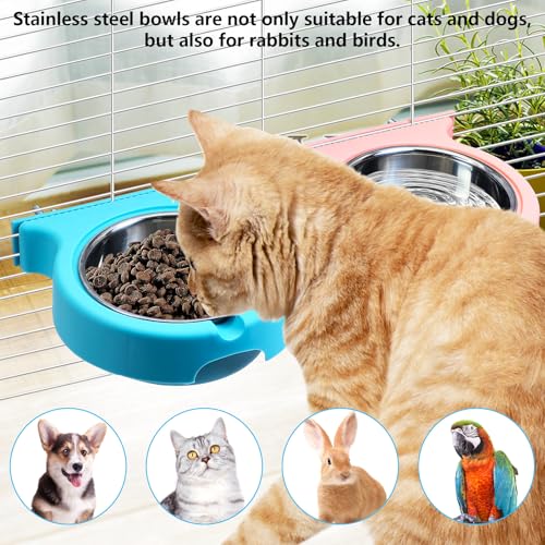 kathson Crate Dog Bowl, Removable Stainless Steel Hanging Pet Cage Bowl Food & Water Feeder Coop Cup for Cat, Puppy, Birds, Rats, Guinea Pigs (2pcs, Pink and Blue) - color: Pink, Blue, size: 2 PCS