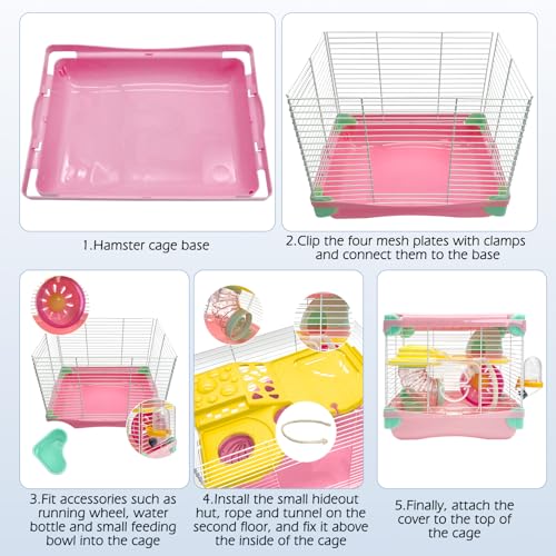 Hamiledyi Portable Hamster Cage 2 Layers Dwarf Hamster Habitat Small Animal Travel Cage with Exercise Wheel Hamster Enclosure Mouse Cage for Hamsters Mice Gerbils or Other Tiny Pets - color: Pink