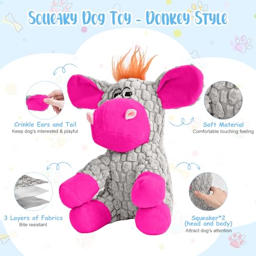 Stuffed Dog Squeak Toys, Tough Crinkle Stuffed Animal Squeaky Interactive Toys, Dog Chew Toys for Puppy, Small, Middle, Plush Chew Toys Pink Donkey - color: gray & pink