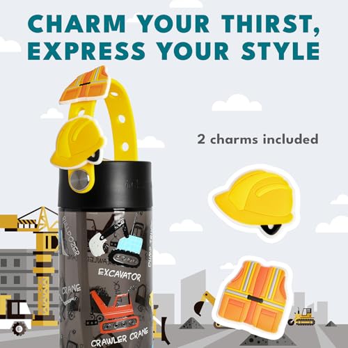 Elemental Water Bottles for Kids - Splash Kids Water Bottle for School with Fun Charm Handle - BPA Free Tritan Plastic Bottle with Straw Leak Proof When Spout is Closed - 18oz - Construction - color: Construction