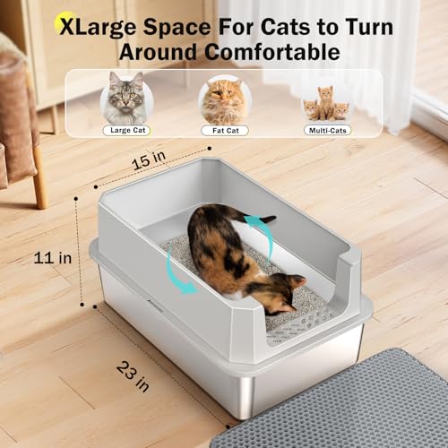 Stainless Steel Litter Box, Extra Large Litter Boxes for Big Cats, XLarge Metal Cat Litter Box with Lid, Anti-Urine Leakage XL Box with High Sides, Easy Clean, Non-Sticky, Scoop Included - color: Silver Grey, size: XL